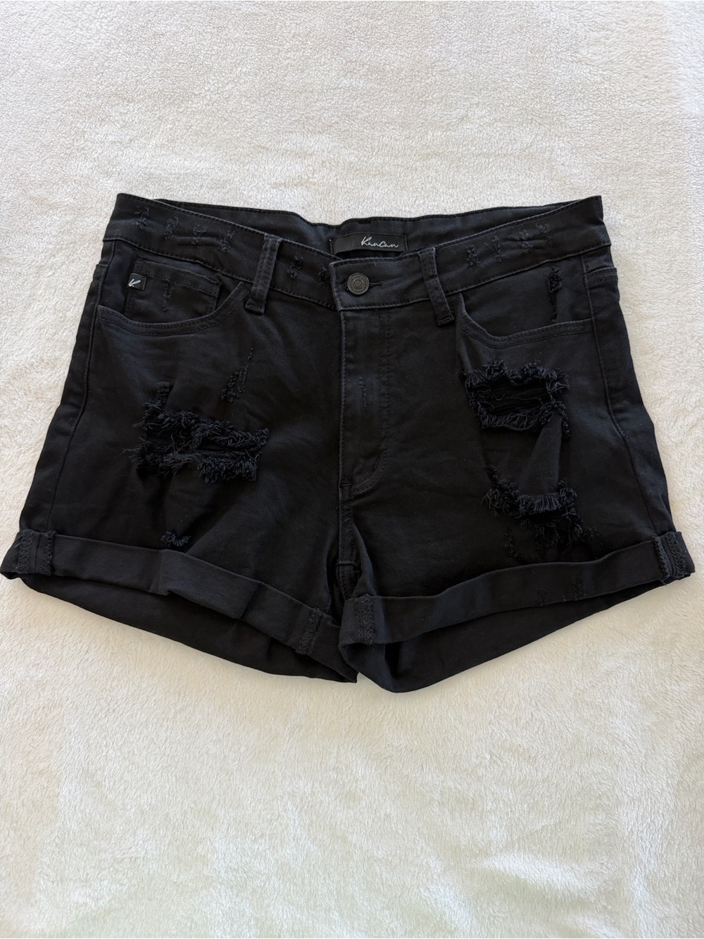 KanCan Black Distressed Rolled-Hem Denim Shorts